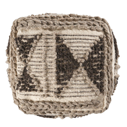 Sally Cube Pouf, Boho, Gray and Ivory Wool and Cotton