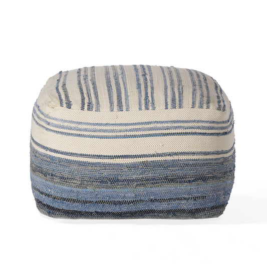Althea Large Square Casual Pouf, Boho, Blue and White Recycled Denim and Chindi