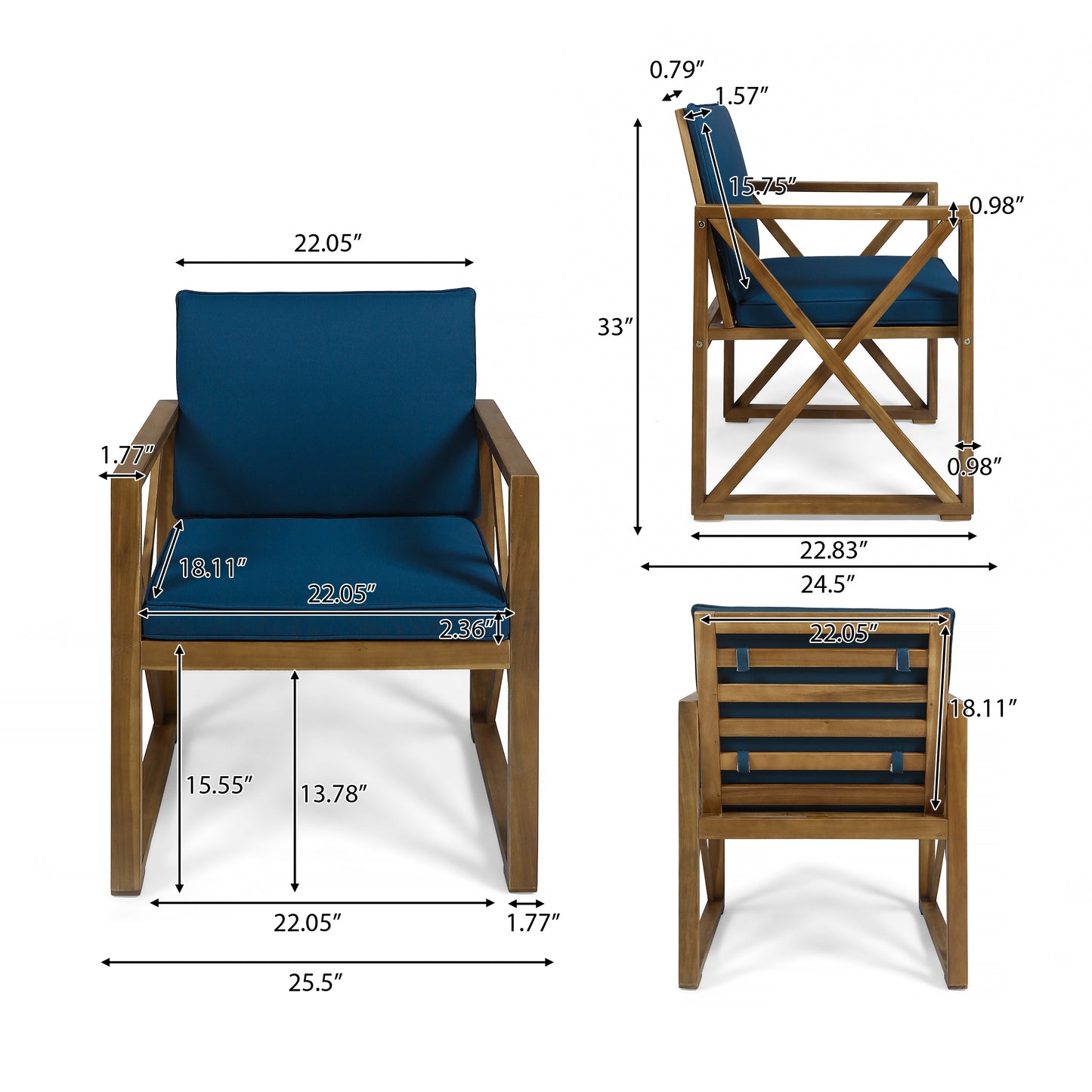 Hazel Outdoor Acacia Wood Club Chairs with Cushions