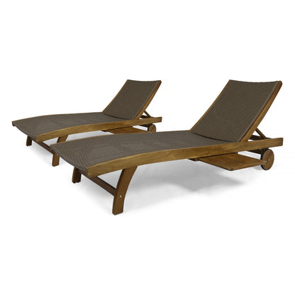 Yedda Outdoor Wicker and Wood Chaise Lounge with Pull-Out Tray