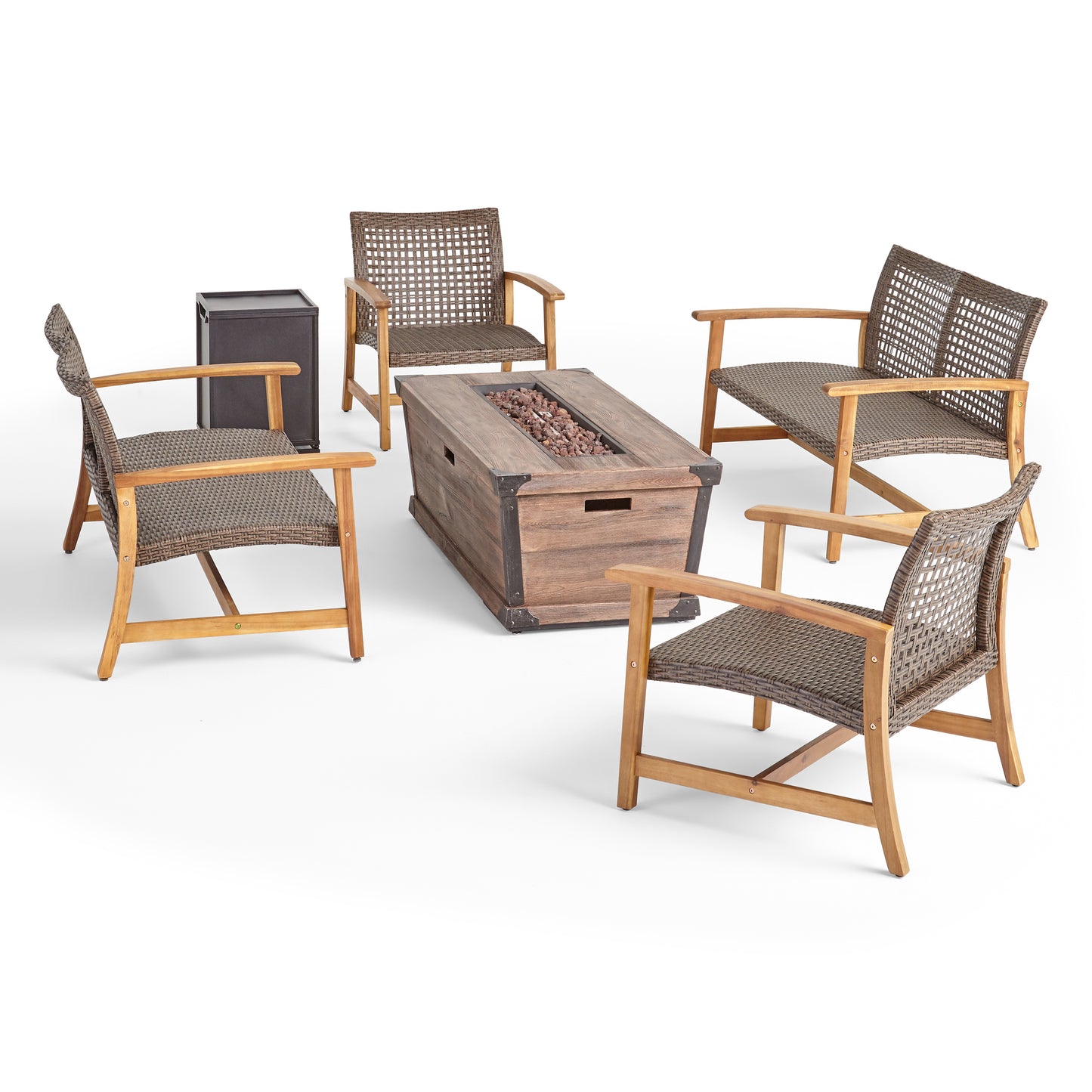 Levant Outdoor 4 Piece Wood and Wicker Chat Set with Fire Pit