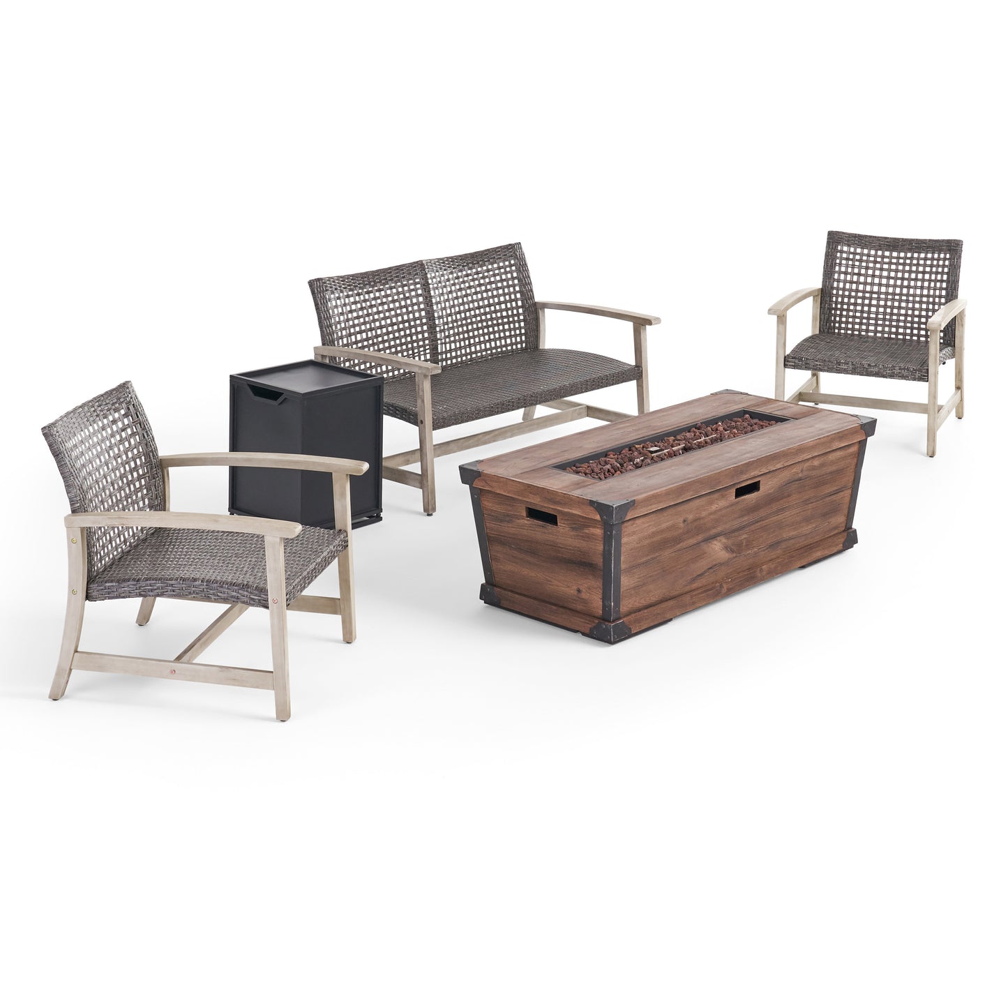 Airyanna Outdoor 3 Piece Wood and Wicker Chat Set with Fire Pit