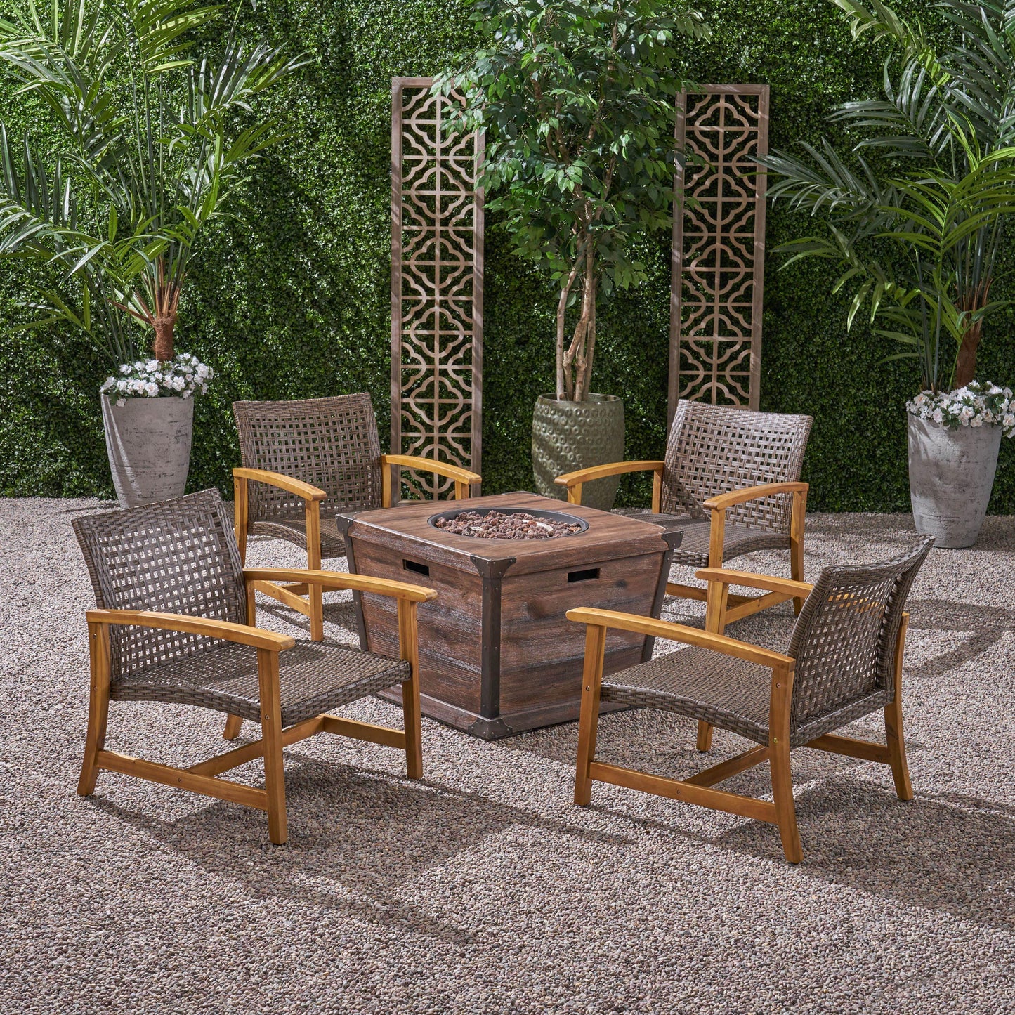 Levant Outdoor 4 Piece Wood and Wicker Club Chair Set with Fire Pit