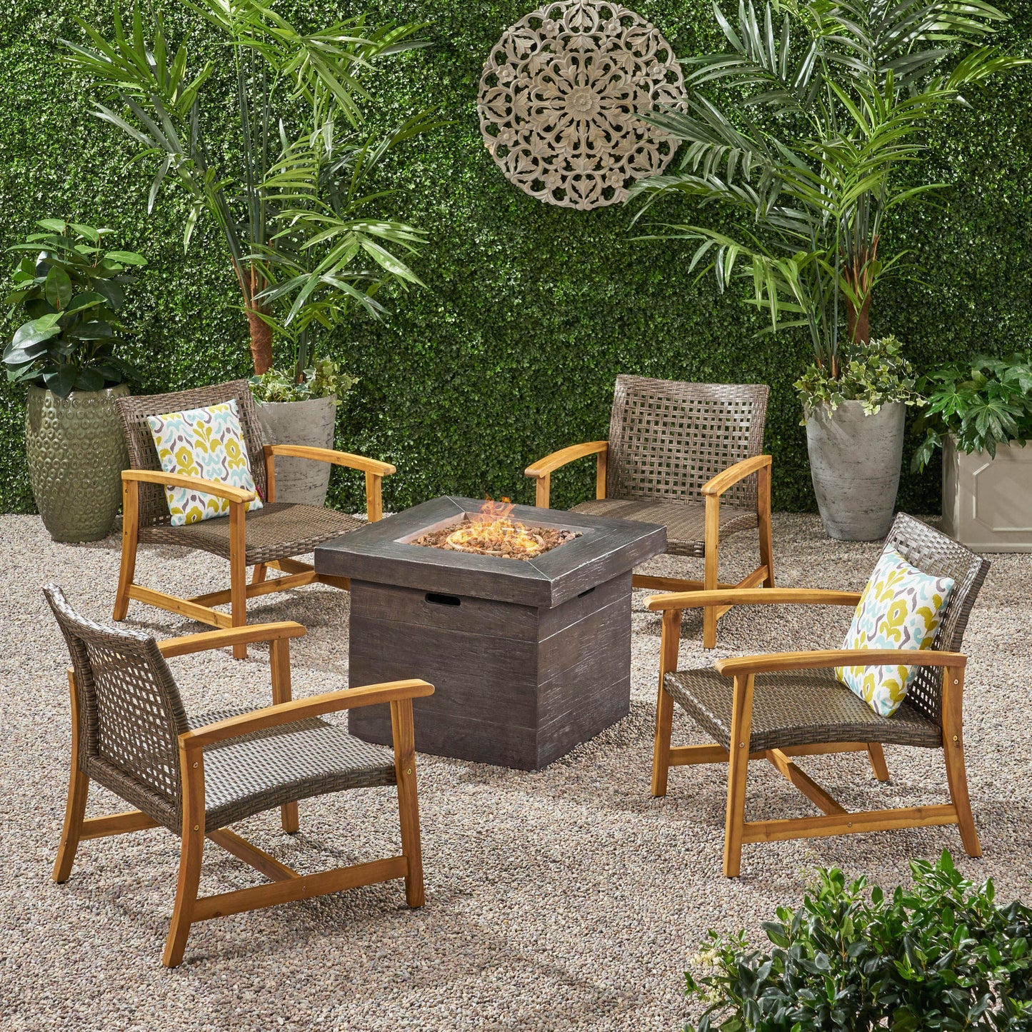 Eleanor Outdoor 5 Piece Wood and Wicker Club Chairs and Fire Pit Set