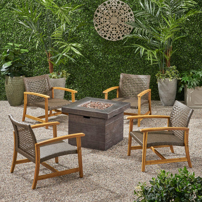 Eleanor Outdoor 5 Piece Wood and Wicker Club Chairs and Fire Pit Set