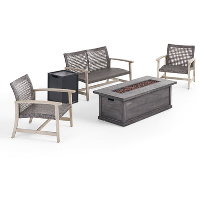 Rachel Outdoor 5 Piece Wood and Wicker Chat Set with Fire Pit