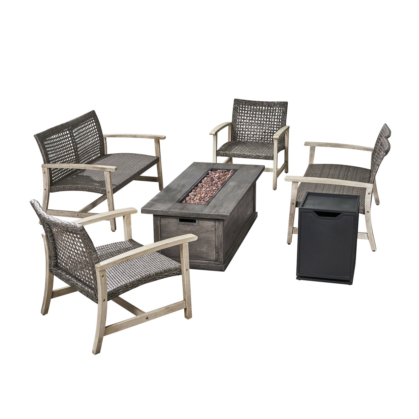 Rachel Outdoor 6 Piece Wood and Wicker Chat Set with Fire Pit