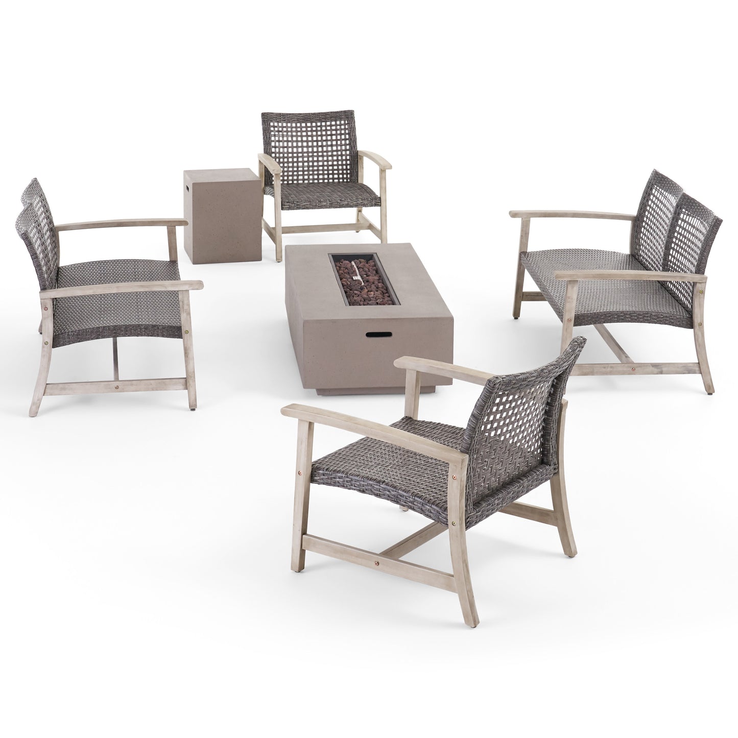 Tabby Outdoor 6 Seater Wood and Wicker Chat Set with Fire Pit