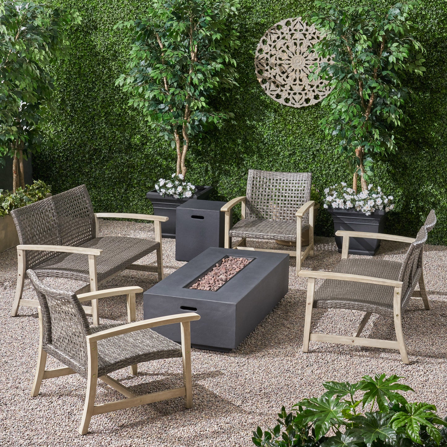Tabby Outdoor 6 Piece Wood and Wicker Chat Set with Fire Pit