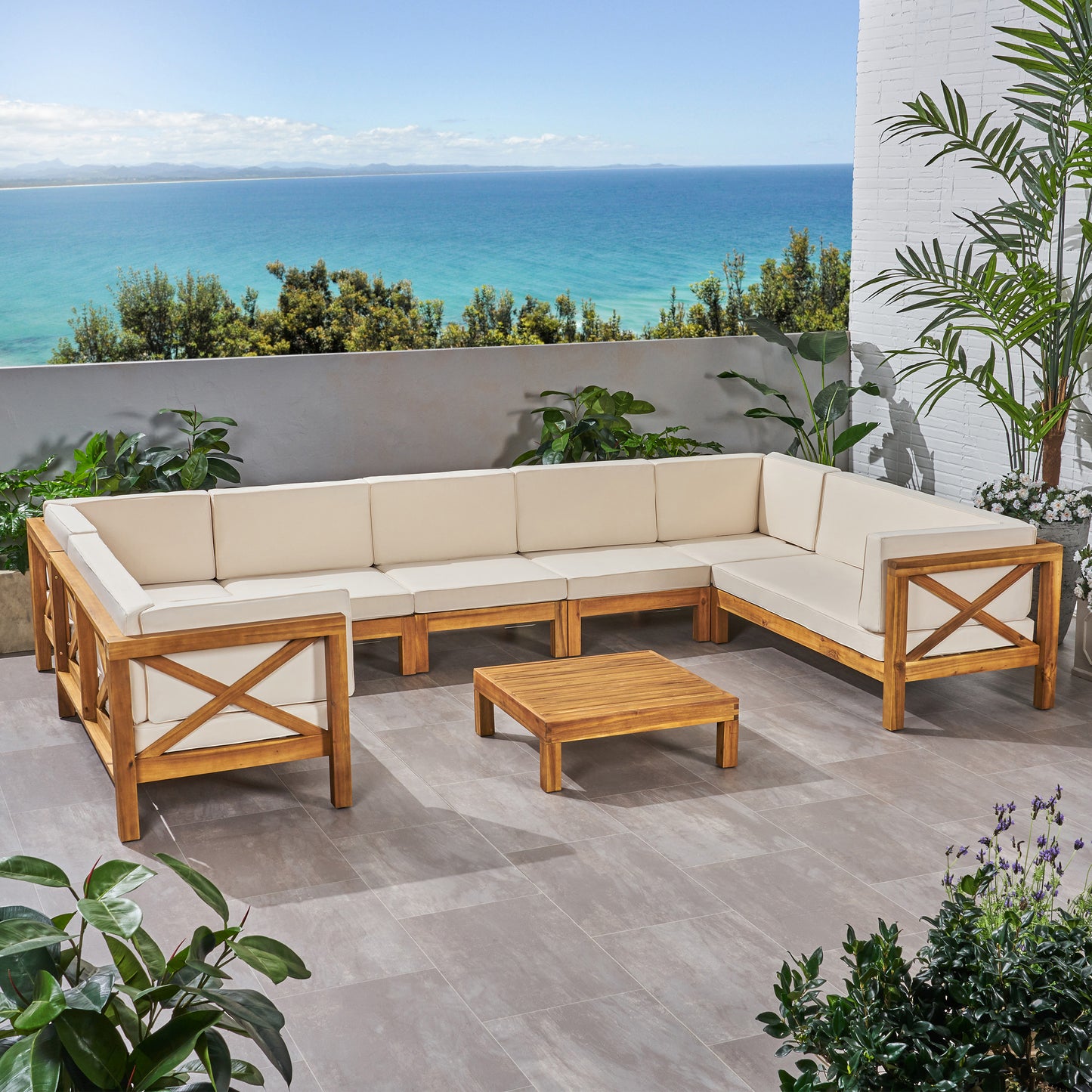 Isabella Outdoor 9 Seater Acacia Wood Sectional Sofa Set