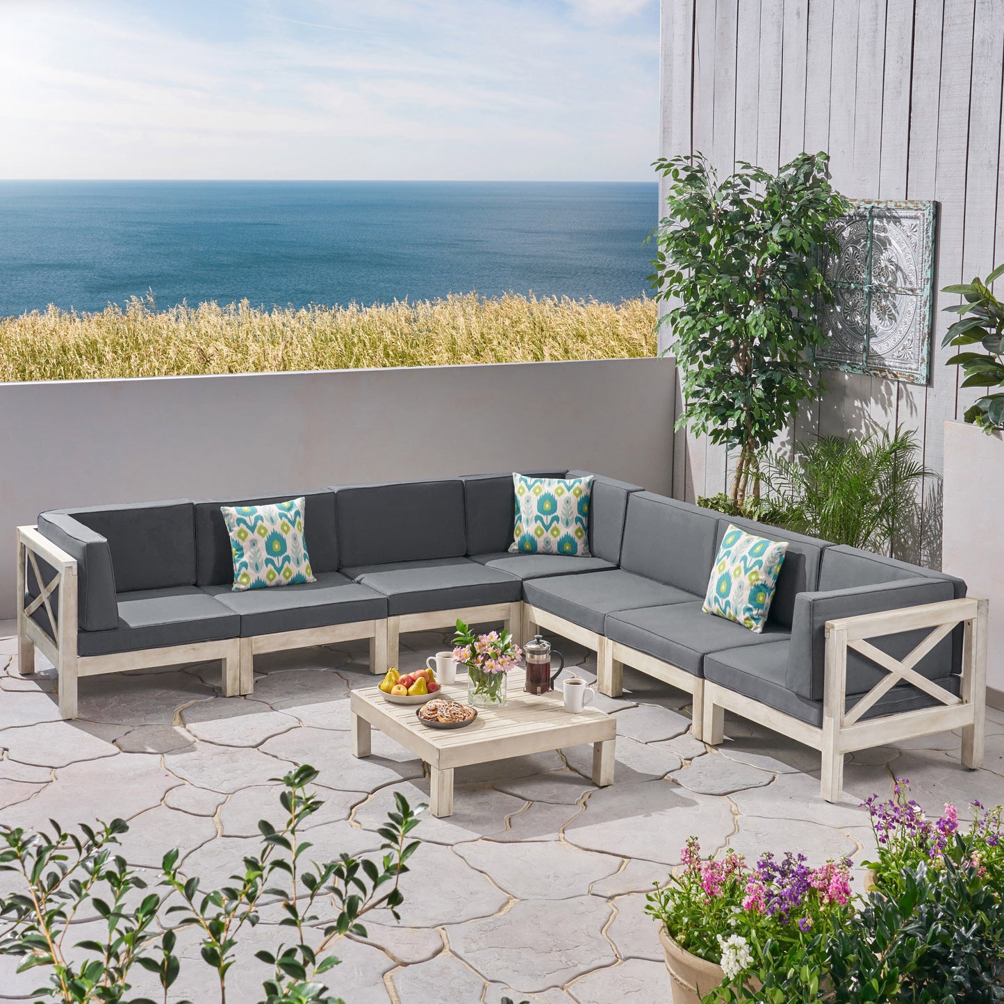 Dale Outdoor 7 Seater Acacia Wood Sectional Sofa Set