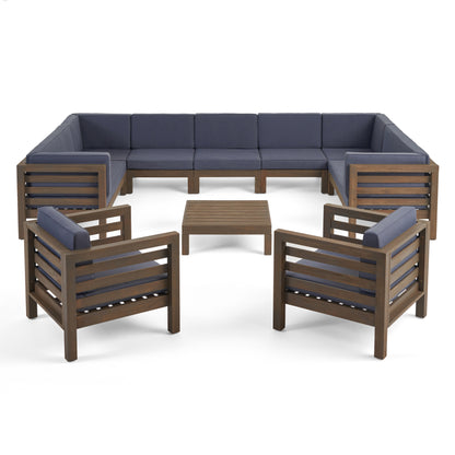 Emma Outdoor 11 Seater Acacia Wood Sectional Sofa and Club Chair Set