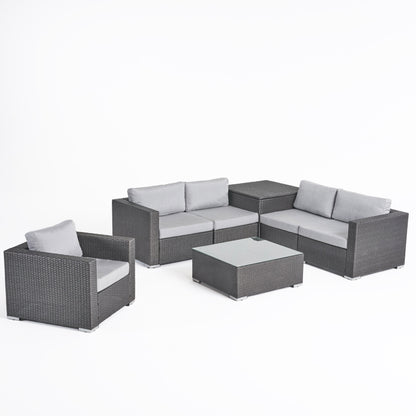 Kyra Outdoor 5 Seater Wicker Sectional Sofa Set with Storage Ottoman and Sunbrella Cushions