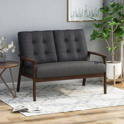 Samulle Mid Century Waffle Stitch Tufted Accent Loveseat with Rubberwood Legs - Black and Walnut Finish