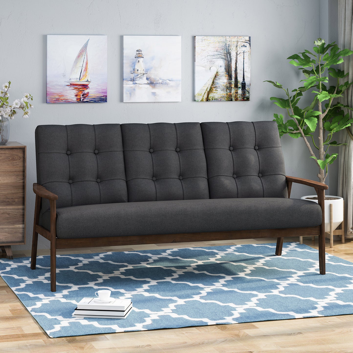 Samulle Mid Century Waffle Stitch Tufted Accent Sofa with Rubberwood Legs - Black and Walnut Finish