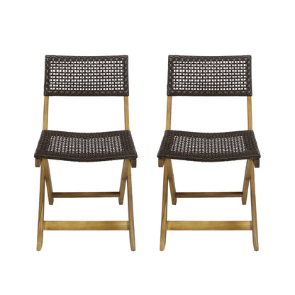 Truda Outdoor Acacia Wood Foldable Bistro Chairs with Wicker Seating (Set of 2)