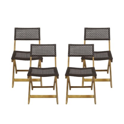Truda Outdoor Acacia Wood Foldable Bistro Chairs with Wicker Seating (Set of 4)