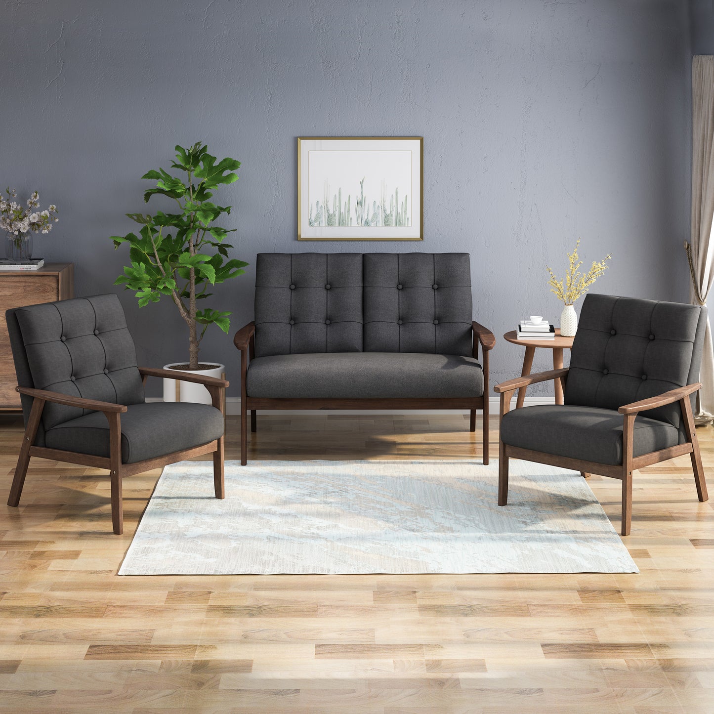 Maureen Mid-Century Modern 3-Piece Fabric Chairs & Love Seat Living Room Set