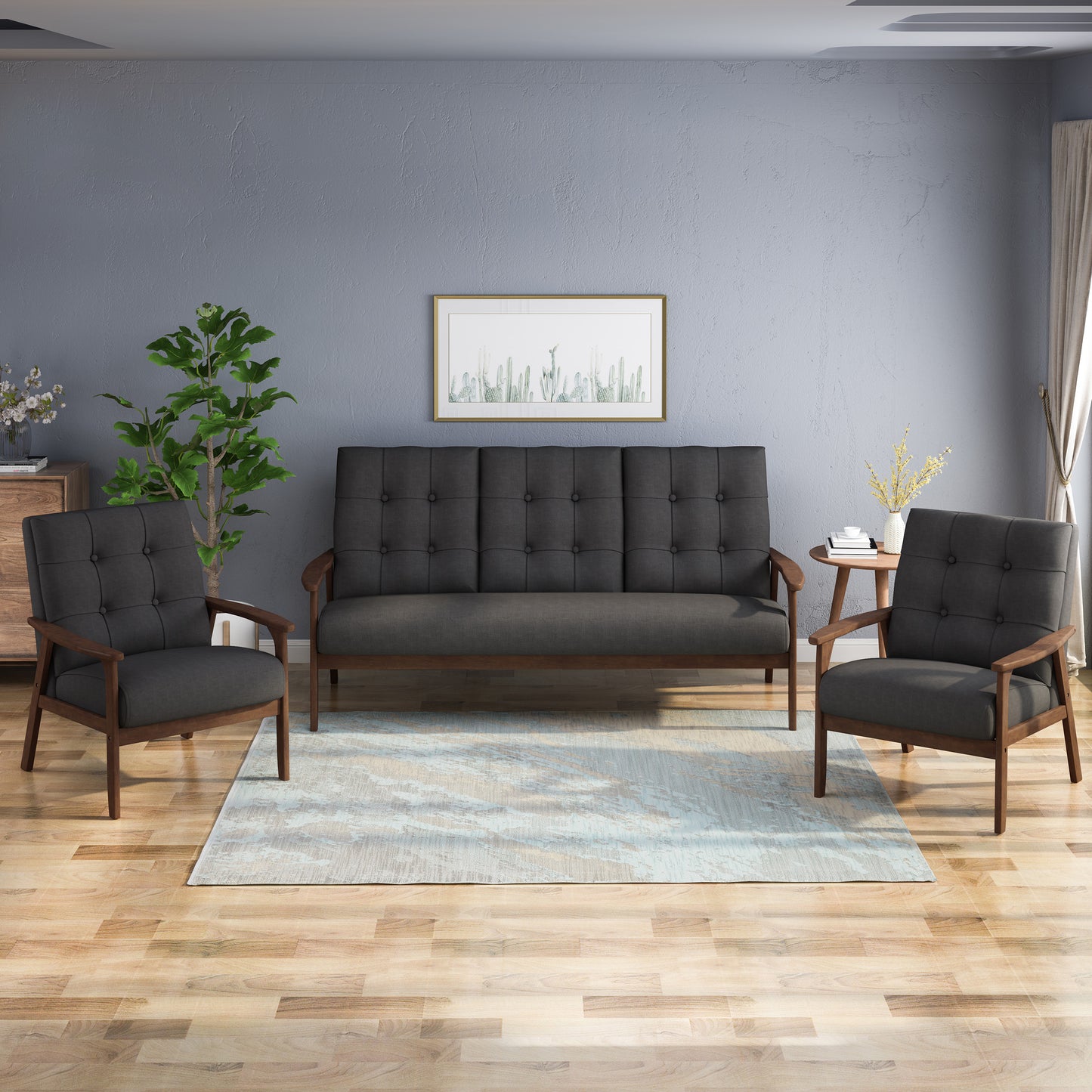 Maureen Mid Century Modern 3-Piece Fabric Chairs & Sofa Living Room Set