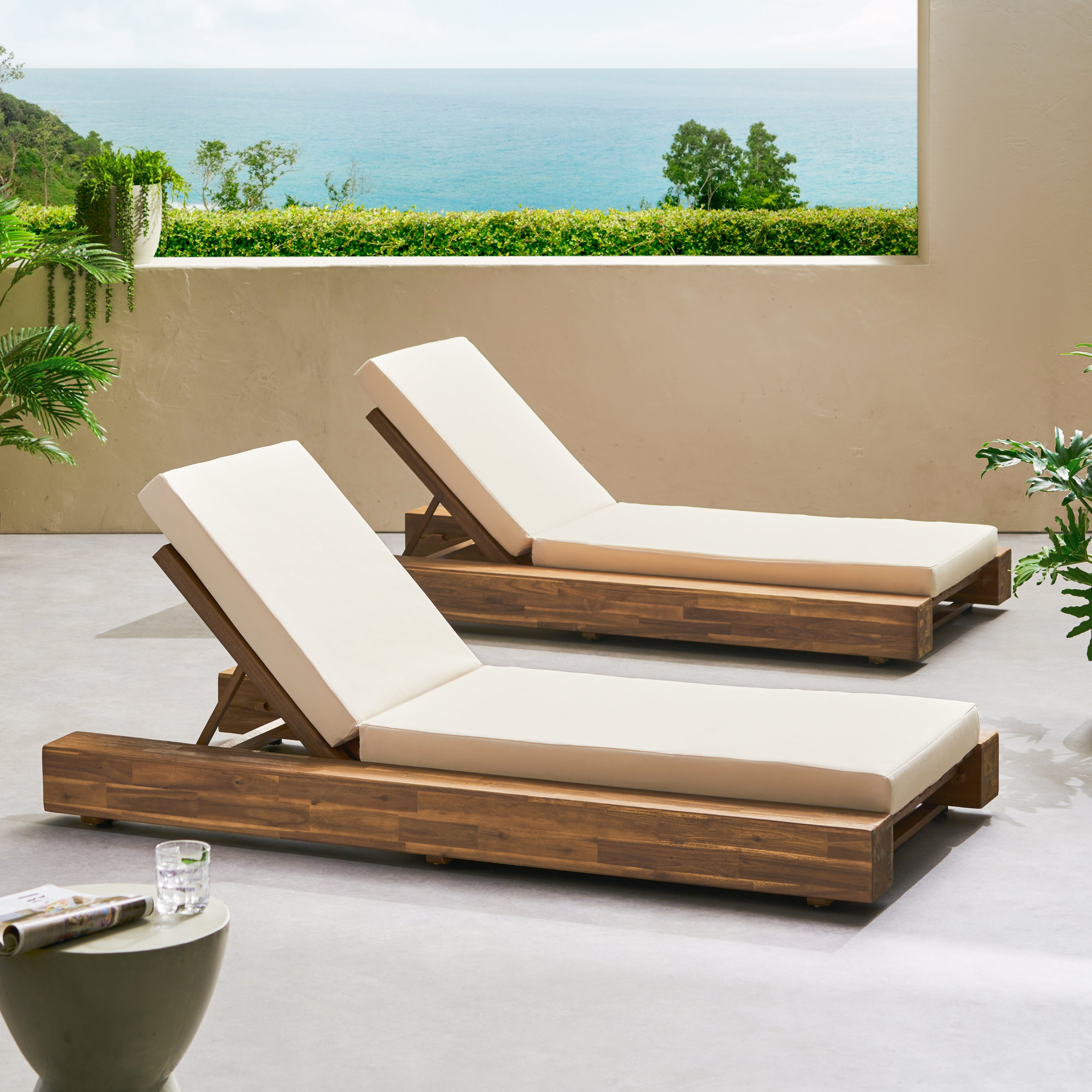 Ursula Outdoor Acacia Wood Chaise Lounge and Cushion Sets Set of