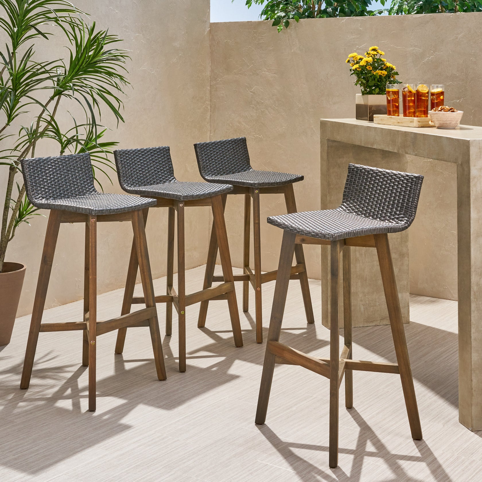 Jessie Outdoor Wood & Wicker Barstools (Set of 4) GDFStudio