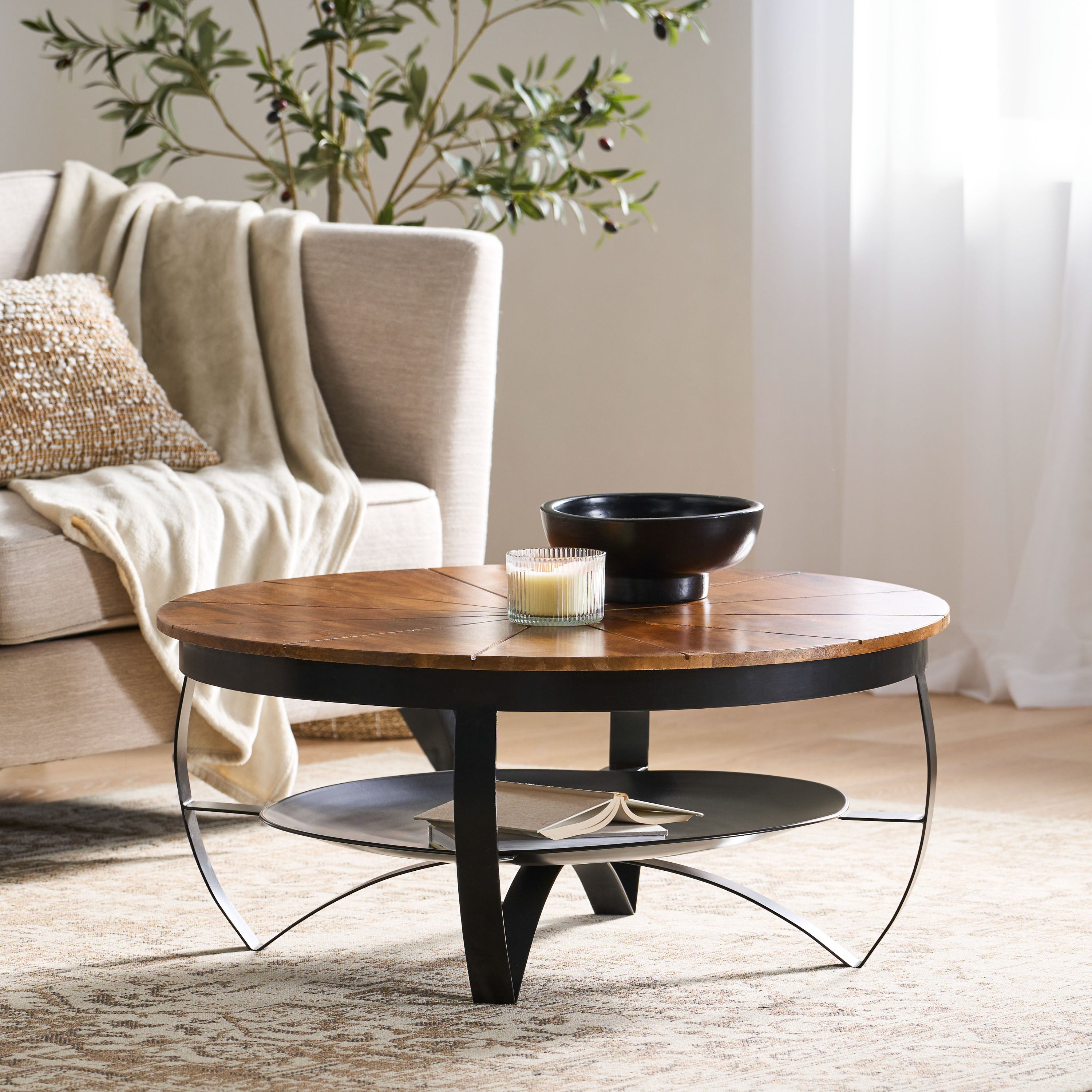 Oluwatomi Handcrafted Boho Mango Wood and Iron Coffee Table GDFStudio
