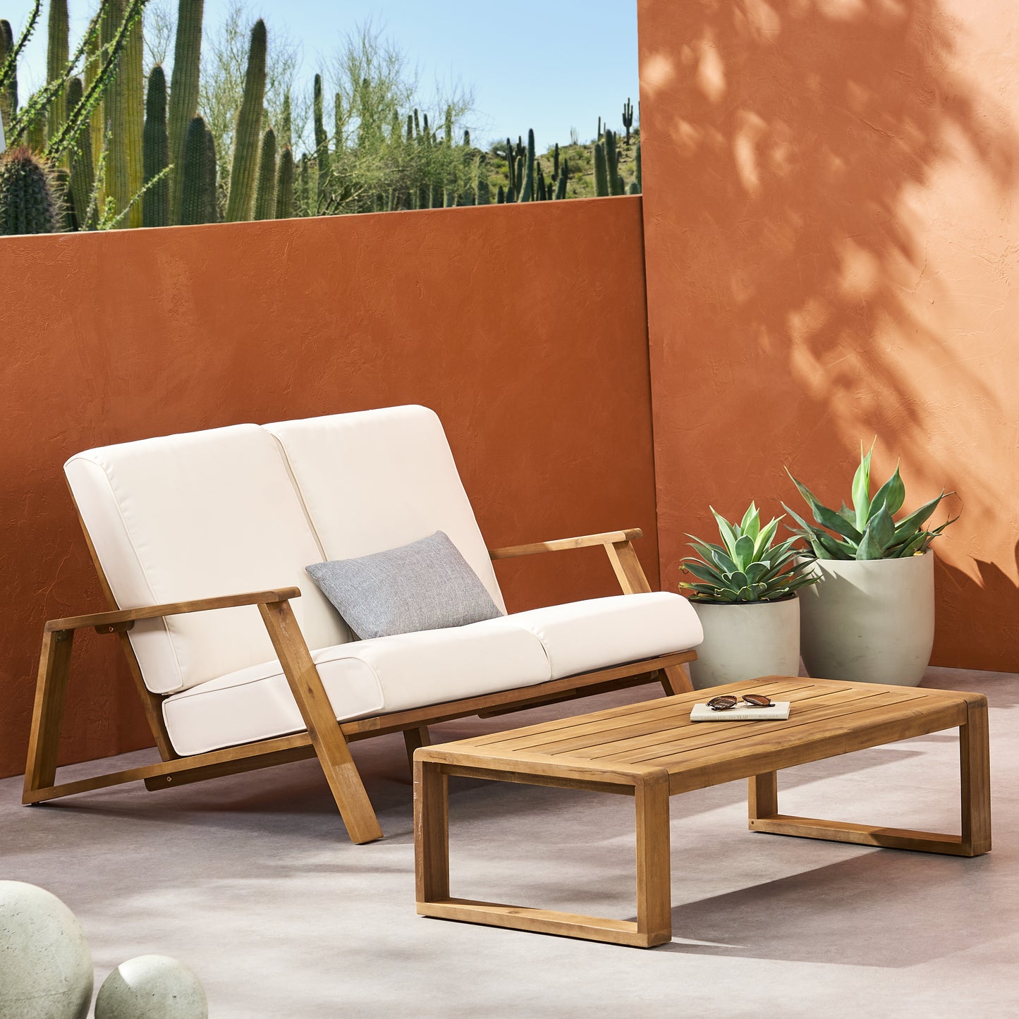 Youssef Outdoor Acacia Wood Loveseat Set with Coffee Table