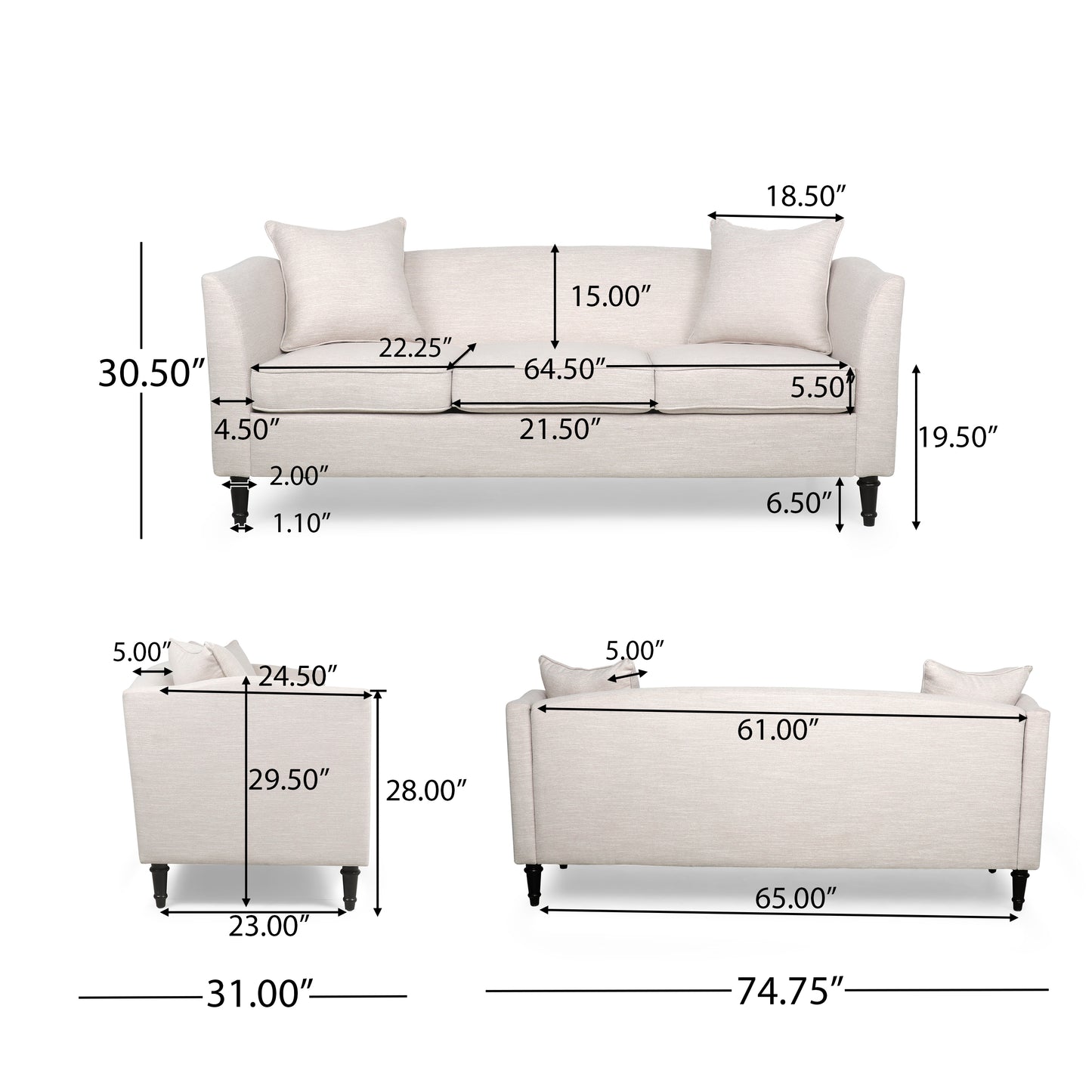 Doerun Contemporary Upholstered 3 Seater Sofa