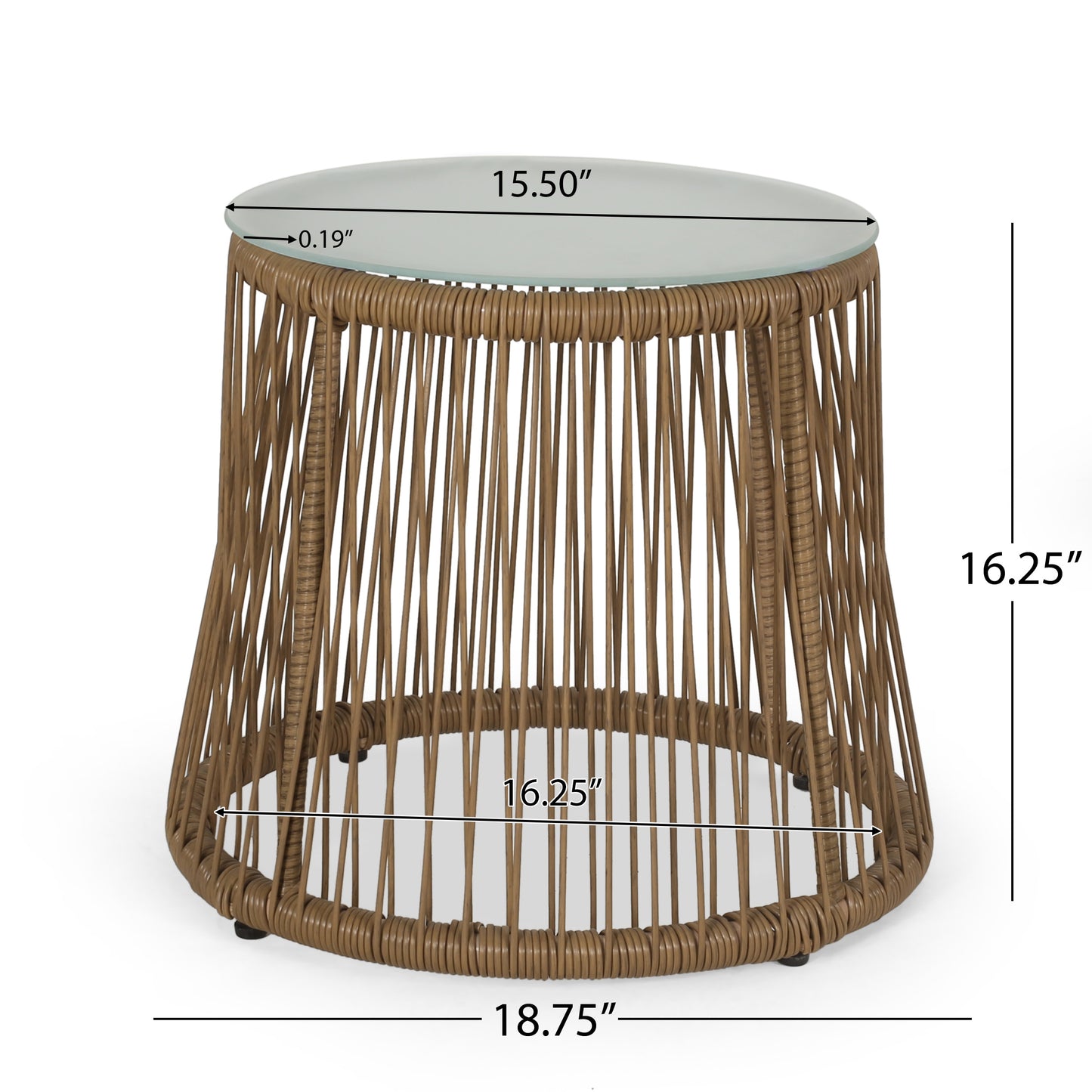 Helmville Outdoor Wicker Side Table with Glass Top, Light Brown