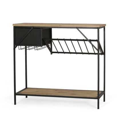 Broadwater Boho Industrial 8 Bottle Wine Rack Console Table with Storage, Natural and Black