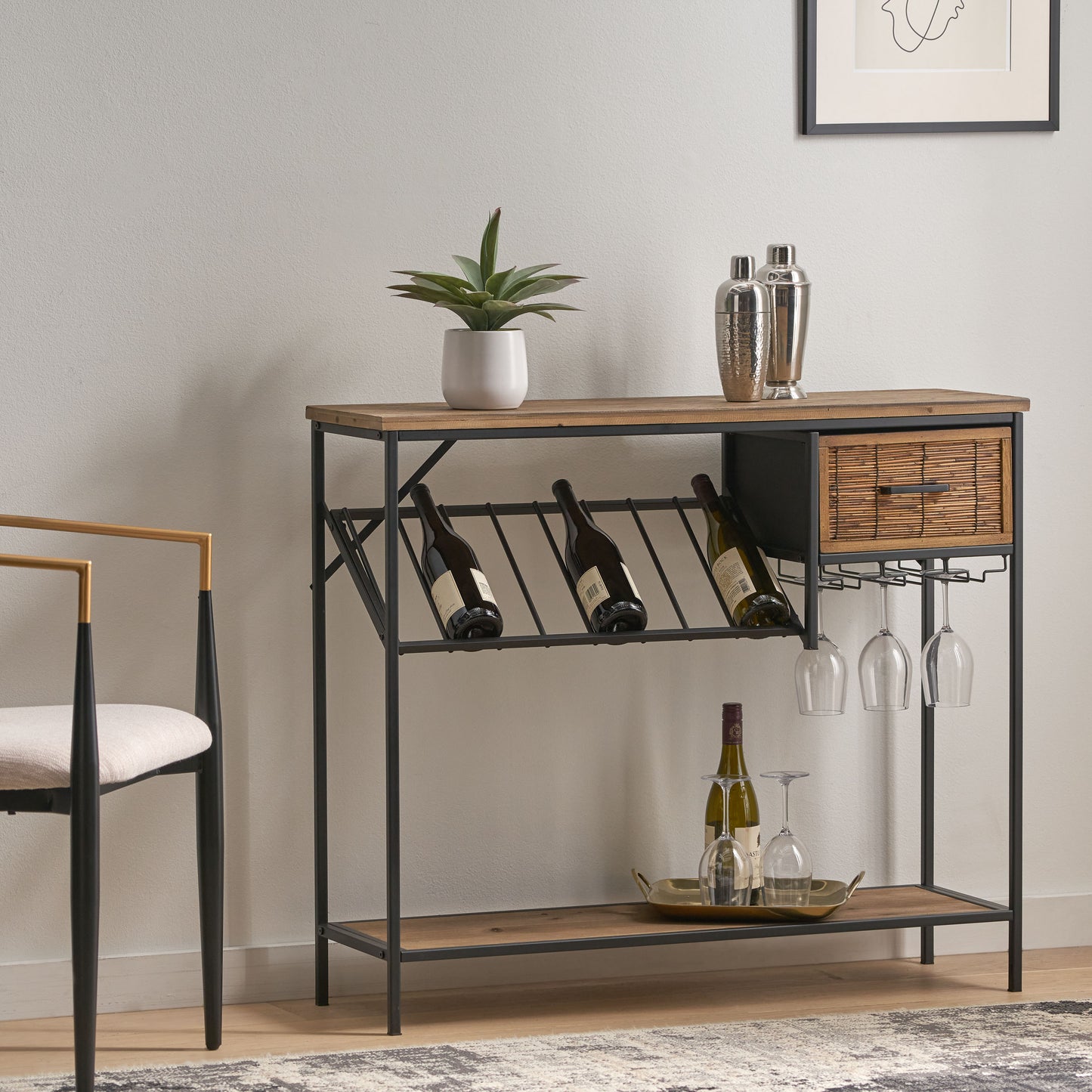 Broadwater Boho Industrial 8 Bottle Wine Rack Console Table with Storage, Natural and Black