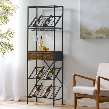 Broadwater Boho Industrial 21 Bottle Floor Wine Rack with Storage, Natural and Black