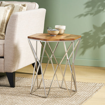 Bellion Rustic Glam Handcrafted Mango Wood Side Table, Walnut and Polished Nickel