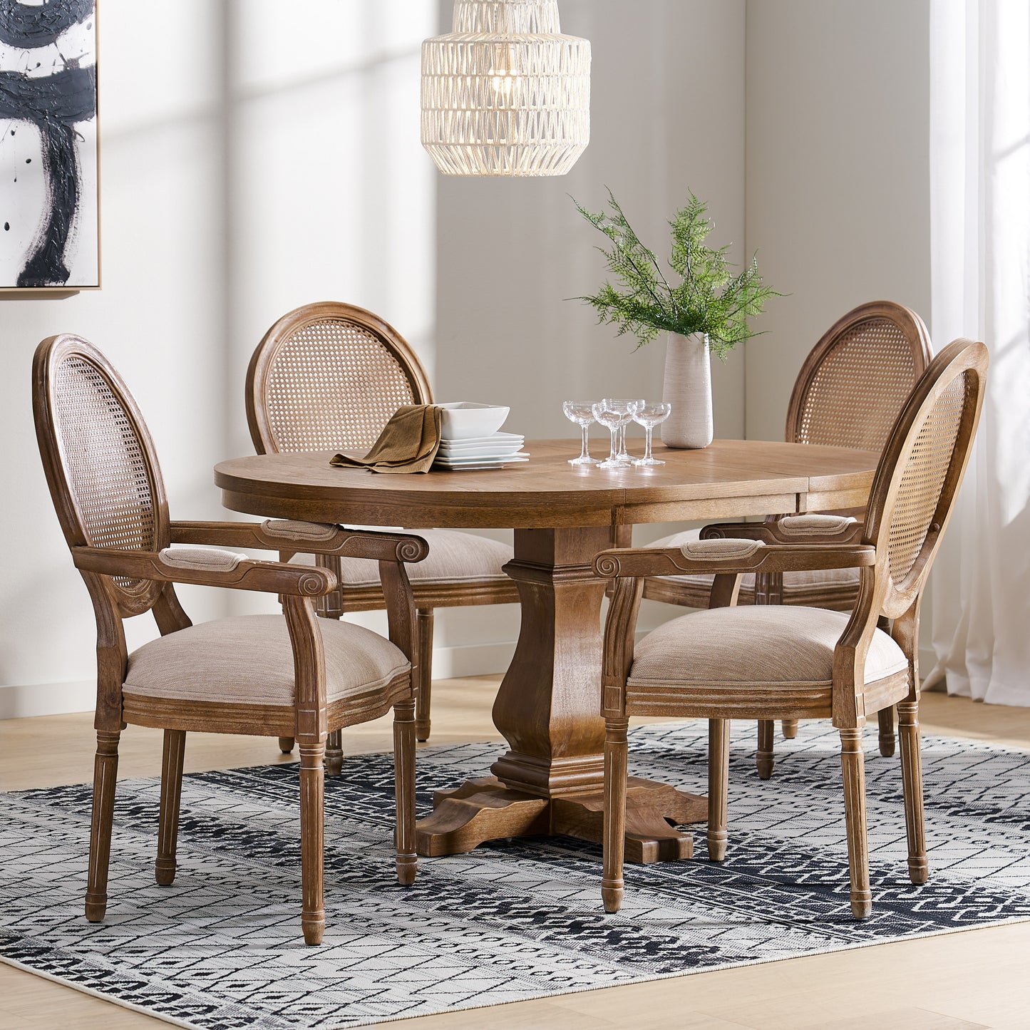 Ismay French Country Wood and Cane 5-Piece Expandable Oval Dining Set
