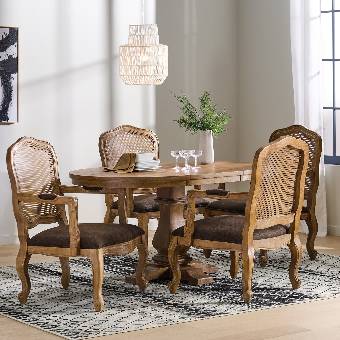 Biorn French Country Wood and Cane 5-Piece Expandable Oval Dining Set