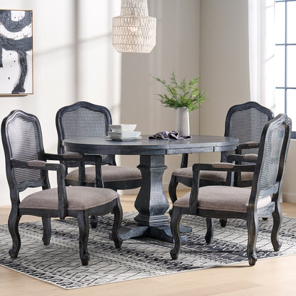 Biorn French Country Wood and Cane 5-Piece Expandable Oval Dining Set