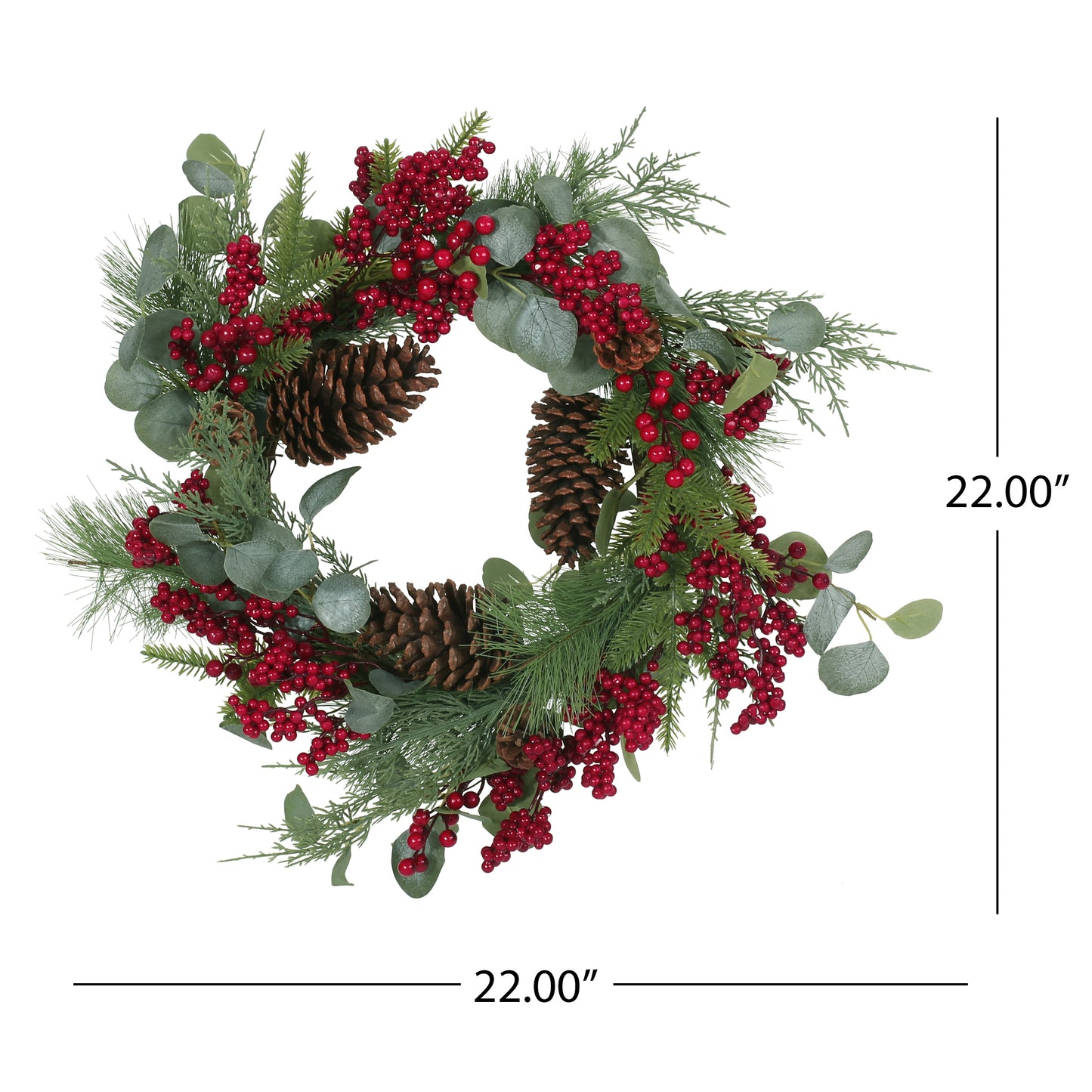 Torelli 22" Eucalyptus Artificial Wreath with Berries and Pinecones, Green and Red