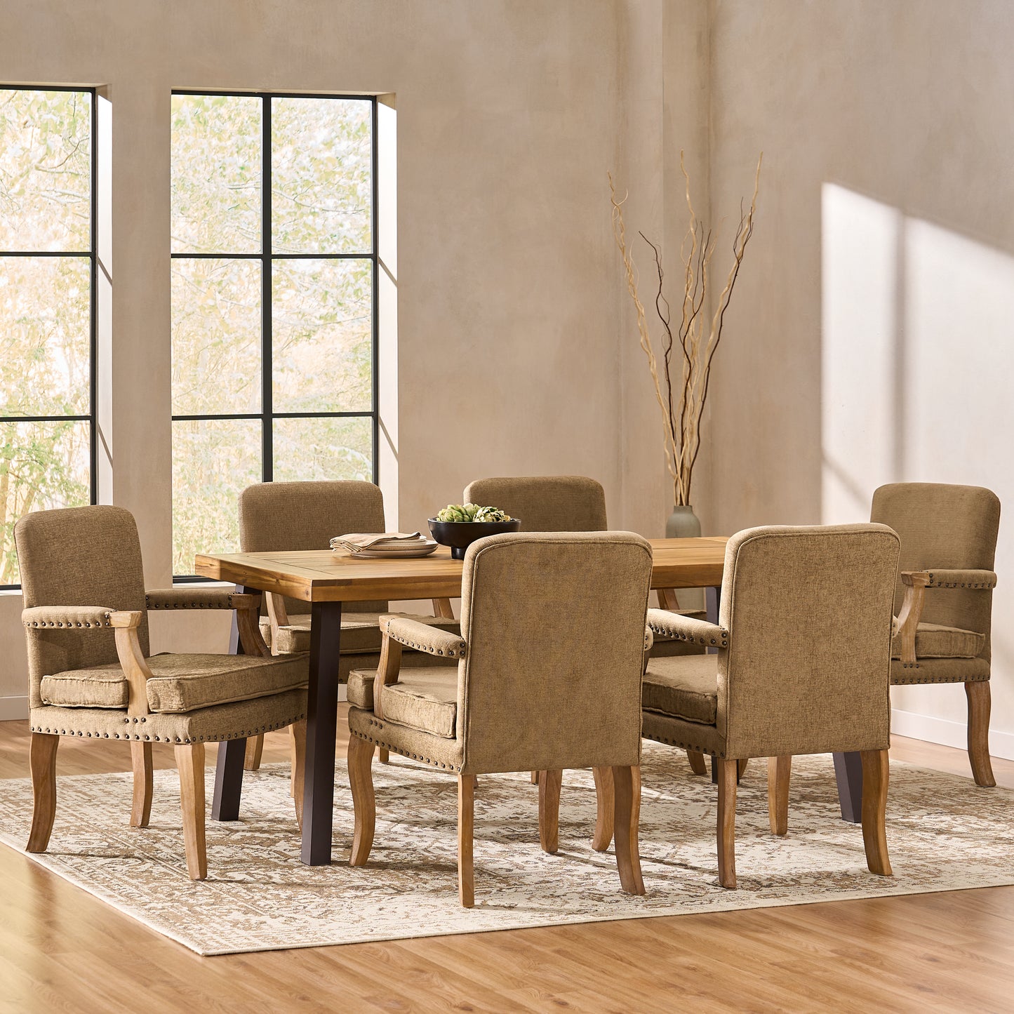Tim French Country Fabric Dining Arm Chair with Nailhead Trim, Set of 6