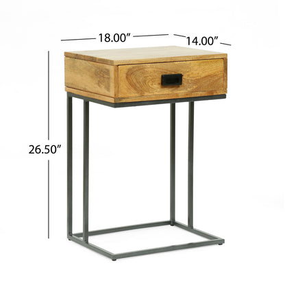 Aranda Modern Industrial Handmade Mango Wood C-Shaped Side Table with Drawer, Natural and Gray