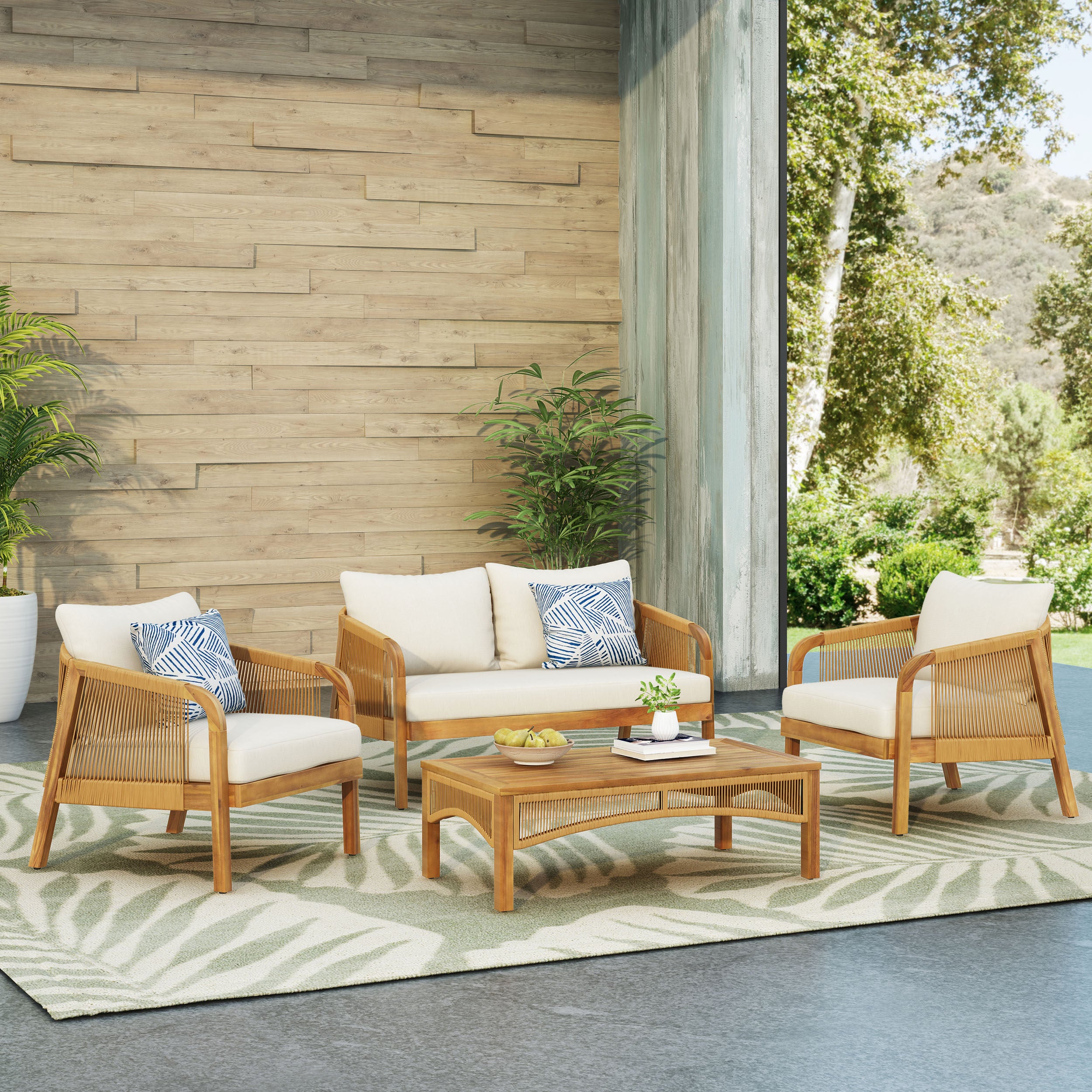 Allerton Outdoor Acacia Wood and Wicker 4 Seater Chat Set with Cushion ...