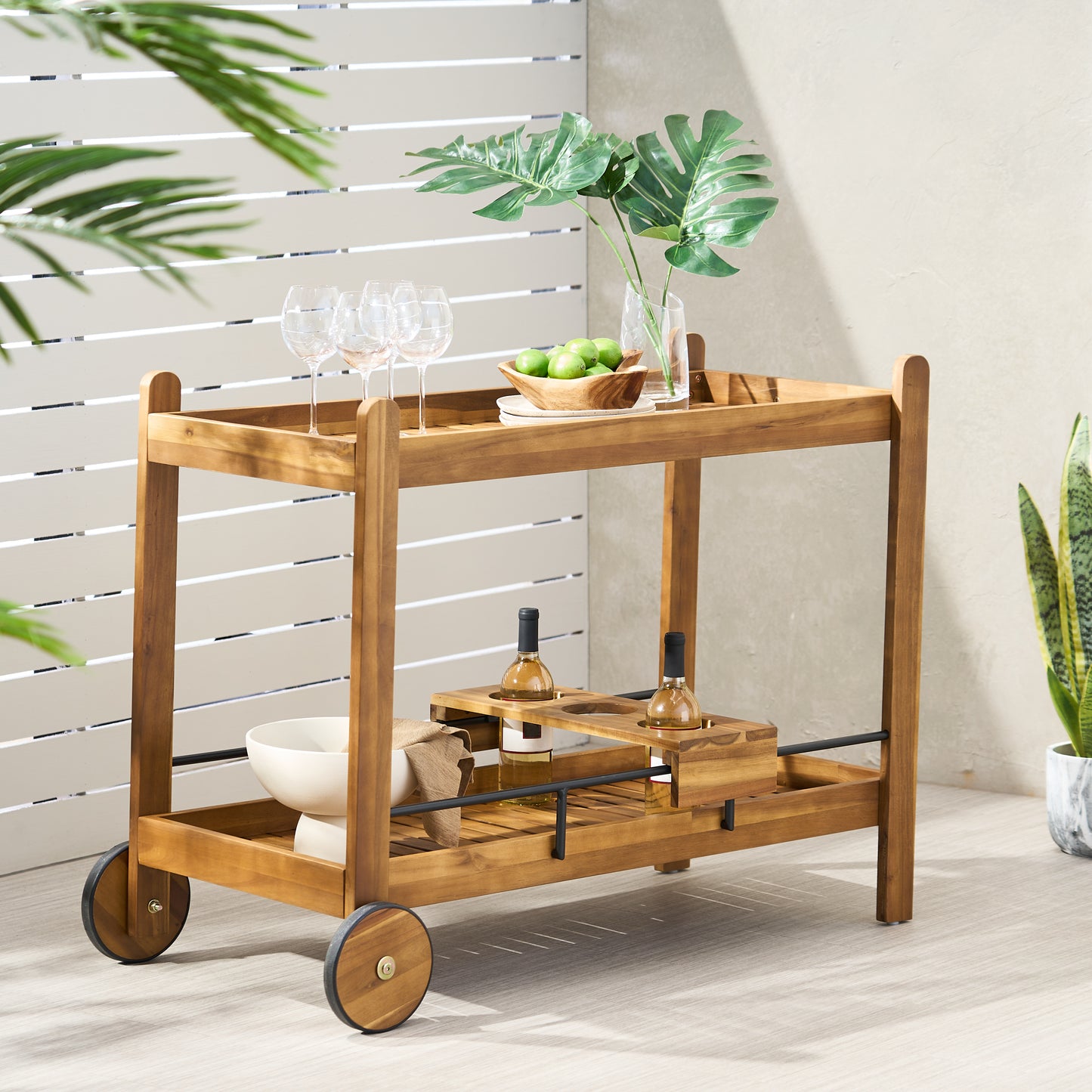 Bonneau Outdoor Acacia Wood 2 Tiered Bar Cart with Bottle Holders, Teak and Black