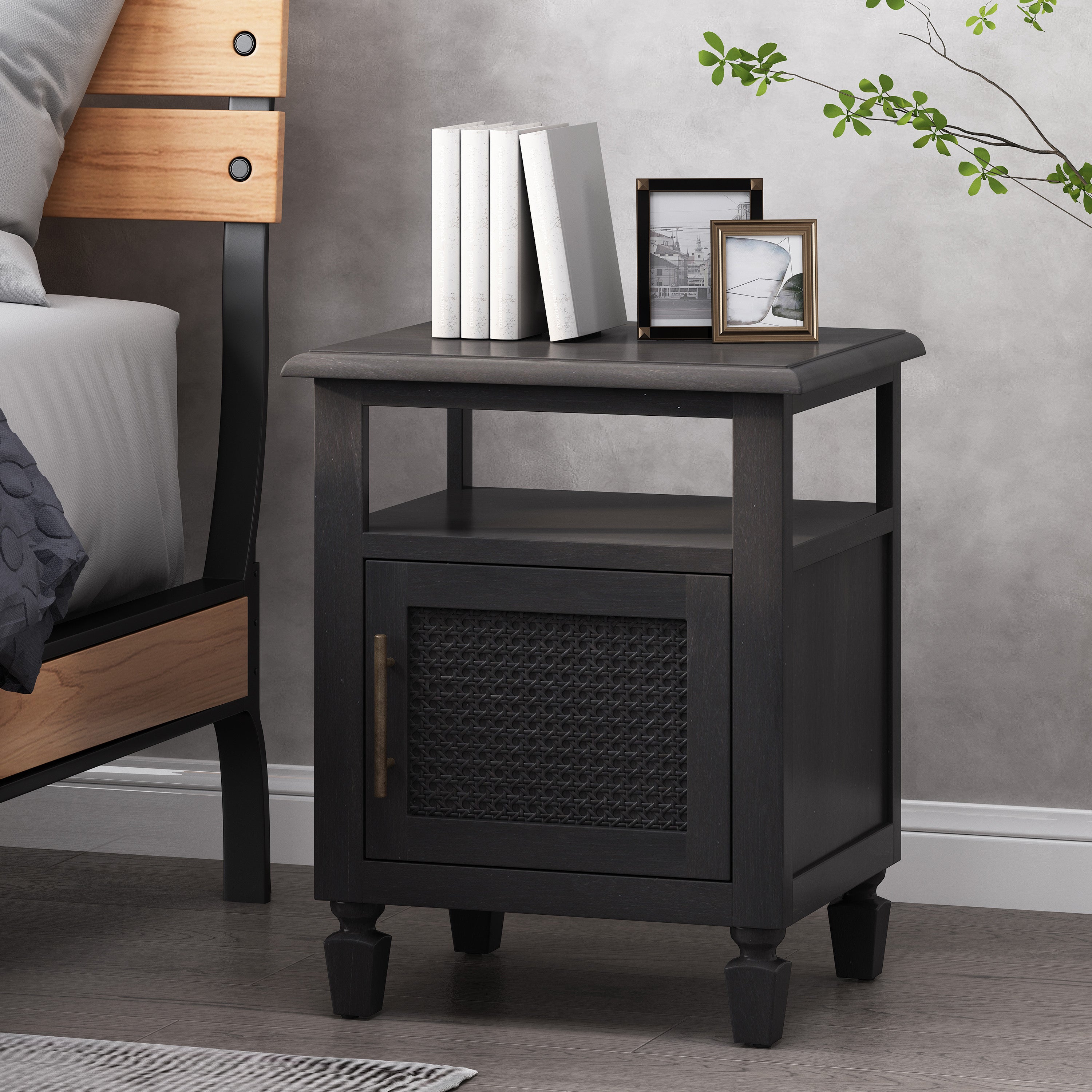 Lempster Rustic Acacia Wood and Cane Nightstand Dark Gray GDFStudio