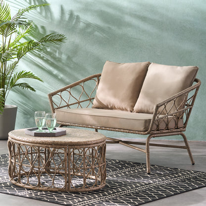 Colmar Outdoor Wicker Loveseat and Coffee Table Set, Light Brown and Beige