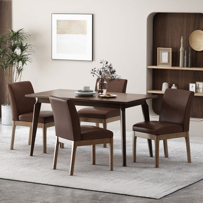Hampton Mid Century Modern Upholstered Dining Chairs, Set of 4, Dark Brown Faux Leather and Walnut