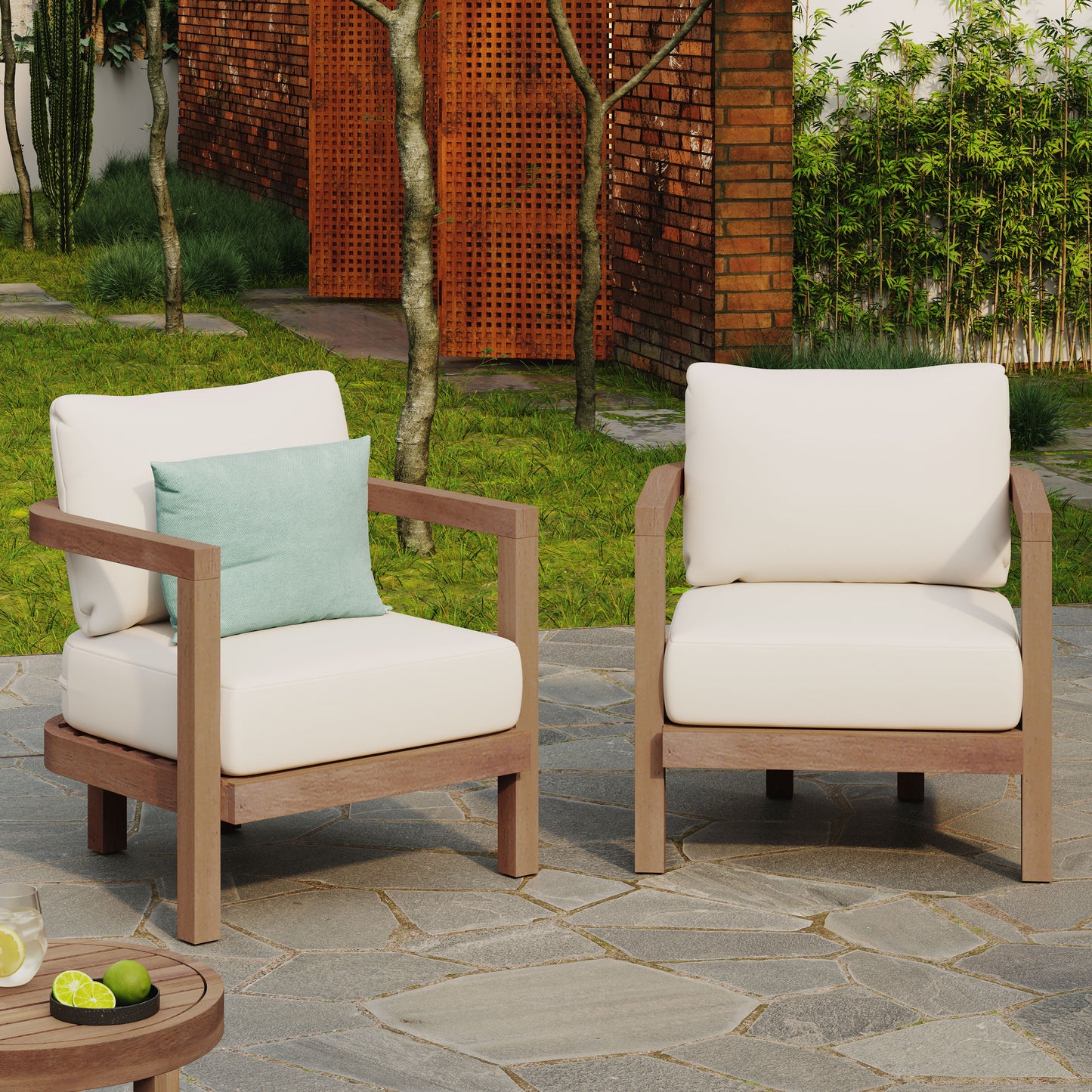 Aston Outdoor Acacia Wood Club Chairs with Cushions, Set of 2, Beige and Brown Wash