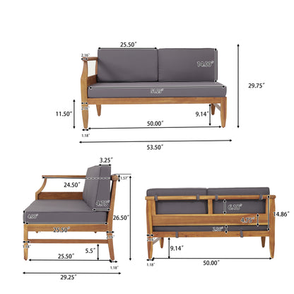 Bianca Outdoor Mid-Century Modern Acacia Wood 5 Seater Sectional Chat Set with Cushions, Teak and Dark Gray