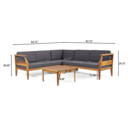 Bianca Outdoor Mid-Century Modern Acacia Wood 5 Seater Sectional Chat Set with Cushions, Teak and Dark Gray