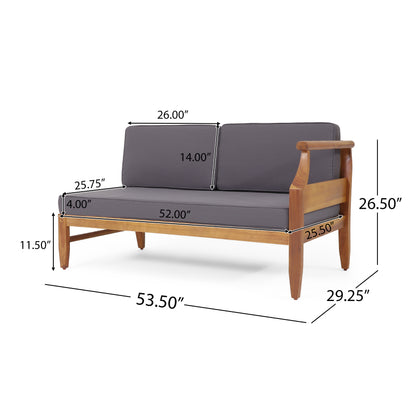 Bianca Outdoor Mid-Century Modern Acacia Wood 5 Seater Sectional Chat Set with Cushions, Teak and Dark Gray