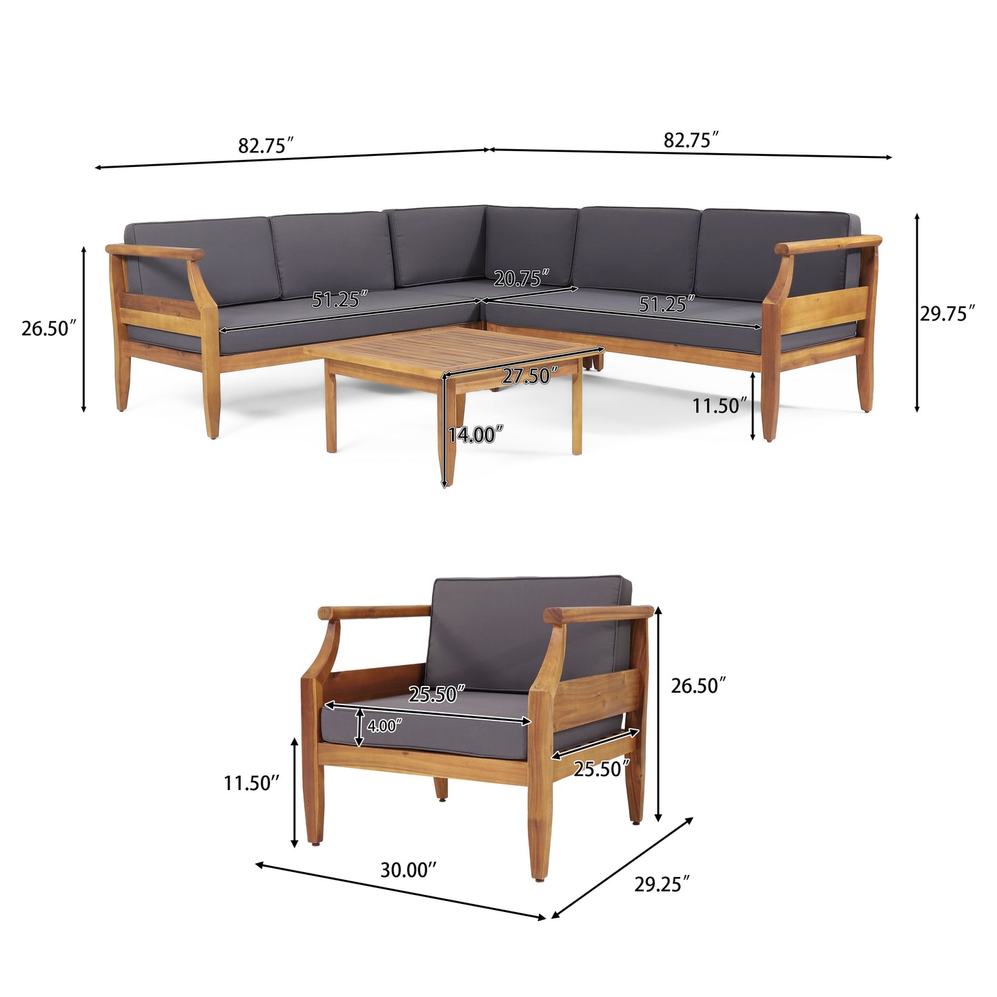 Bianca Outdoor Mid-Century Modern Acacia Wood 5 Seater Sectional Chat Set with Club Chair, Teak and Dark Gray