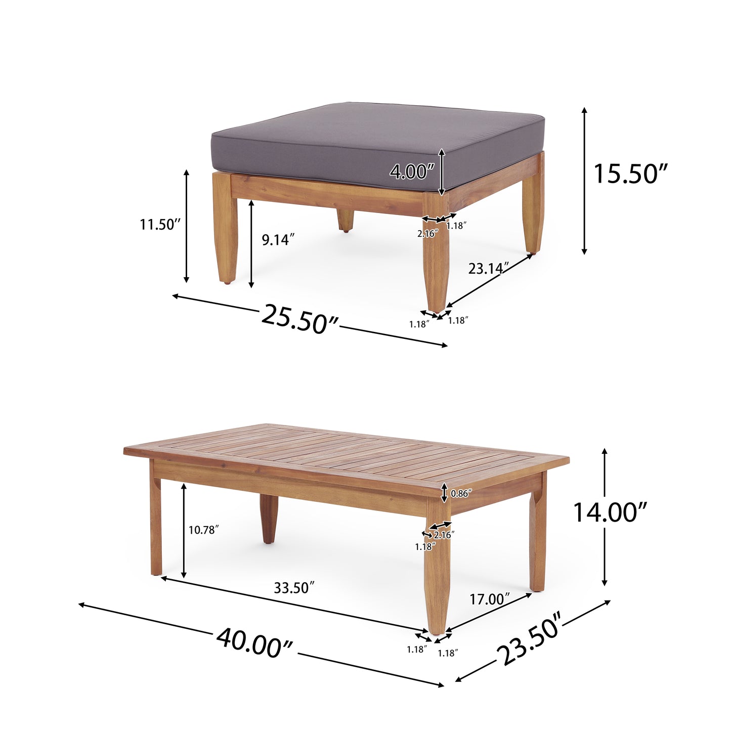 Bianca Mid-Century Modern Acacia Wood 3 Seater Sofa Chat Set with Ottoman, Teak and Dark Gray